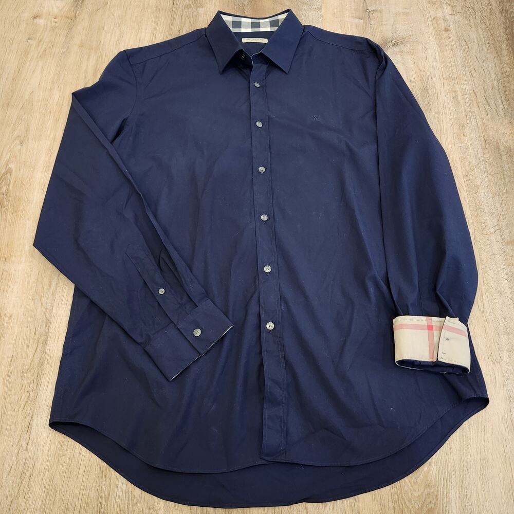 BURBERRY BRIT Mens XL Shirt Blue Nova Plaid Flip Cuff Stretch Poplin Button New*